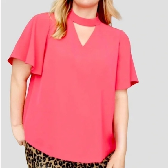 Lane Bryant Pink Keyhole Flutter Sleeve Choker Blouse Hot Pink Size 16 D - Picture 3 of 9